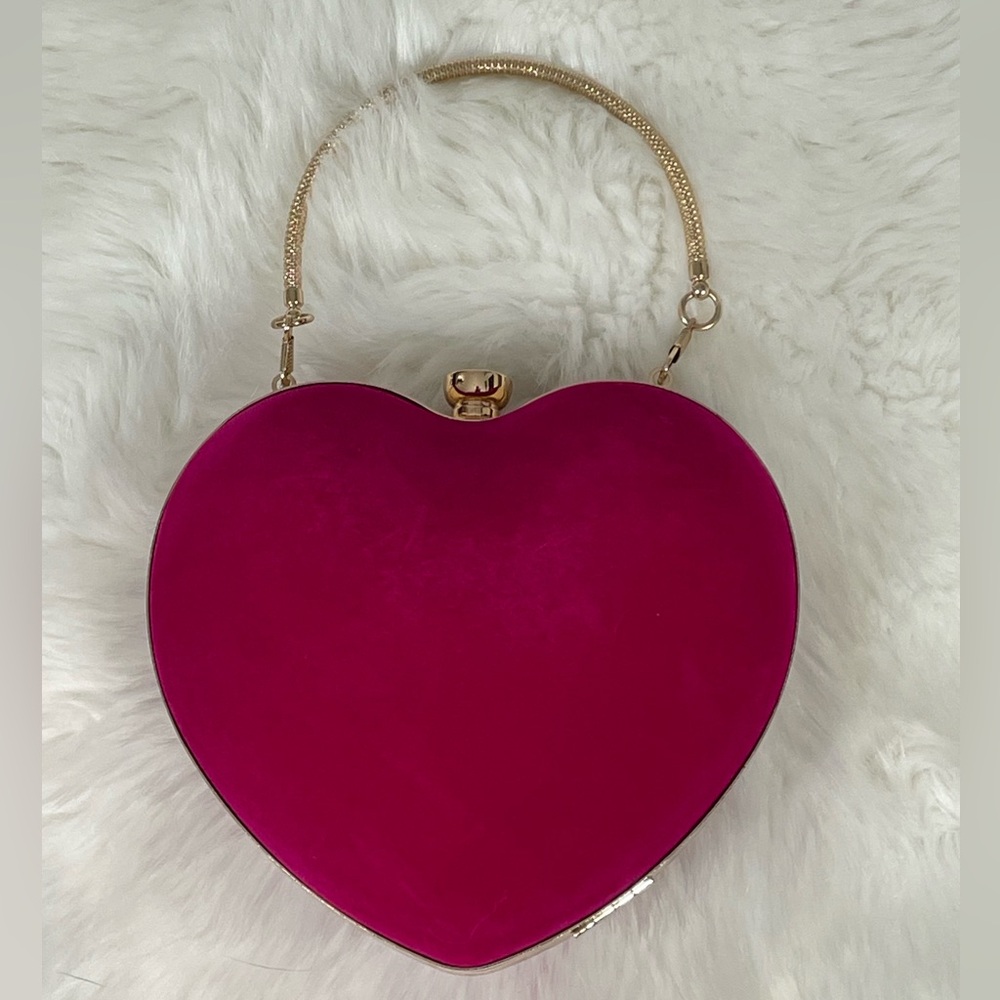 Velvet Heart Rhinestone Clutch Bag Handbag Shoulder Purse Top Handle Pink Gold
